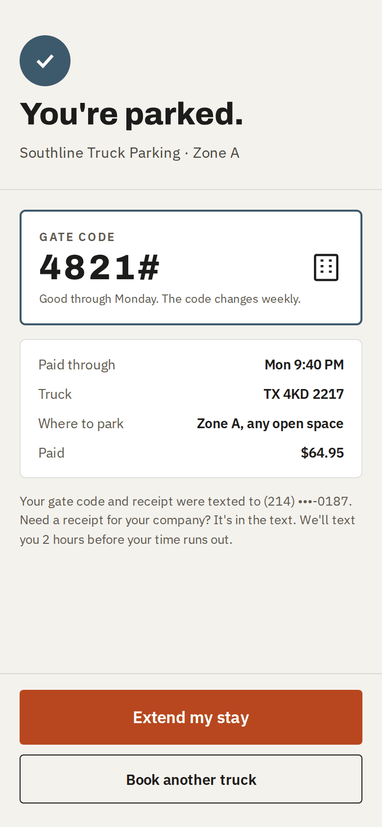 Booking confirmed on the driver's phone: gate code, paid-through time, and truck plate